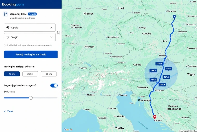 Fragment makiety wariantu A: panel Zaplanuj trasę i mapa z okręgiem wyników w połowie trasy, z pięcioma numerowanymi oznaczeniami