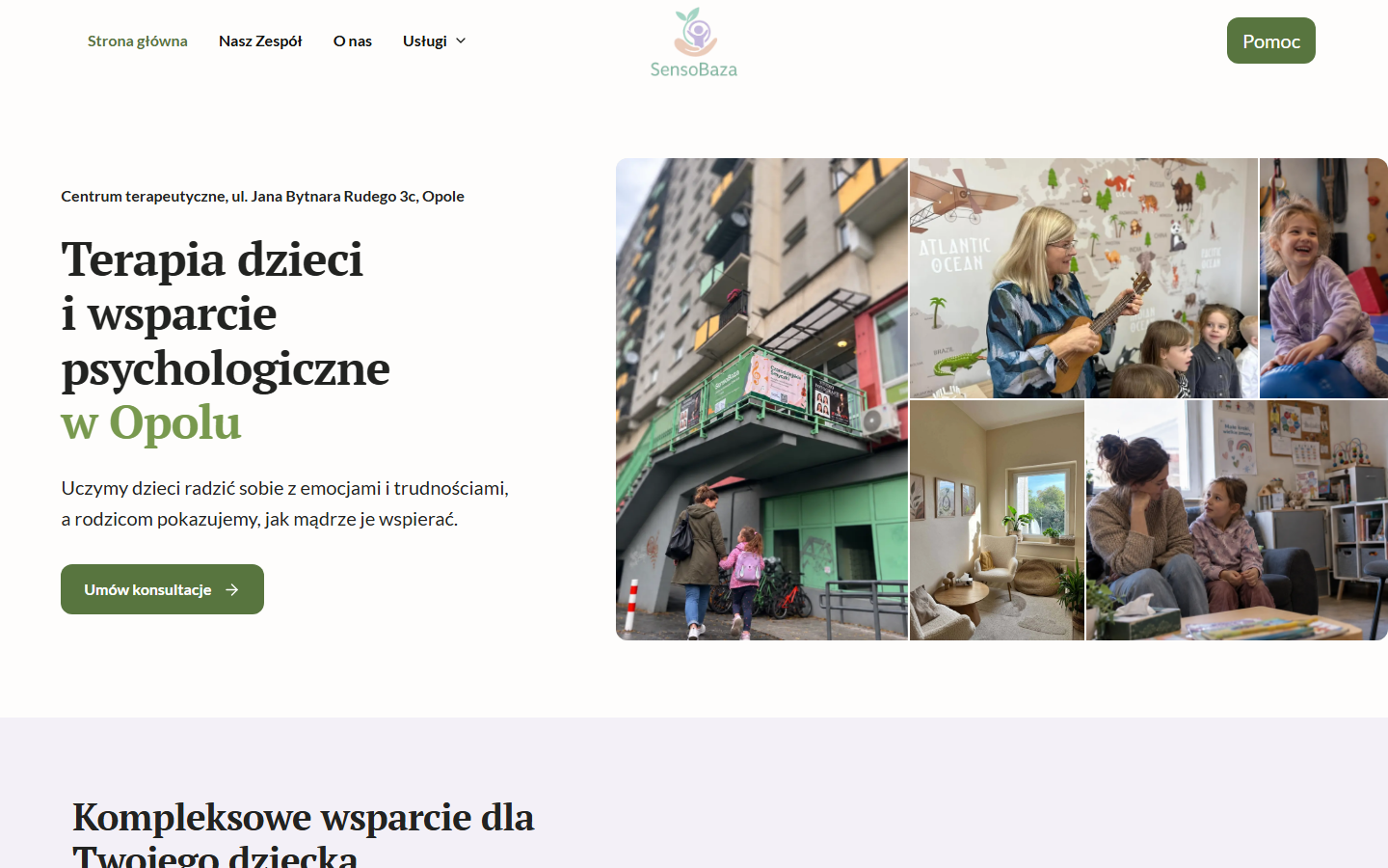 Nowy pierwszy ekran SensoBazy: tekst po lewej, po prawej mozaika pięciu zdjęć centrum, z czego dwa powstały z pomocą AI
