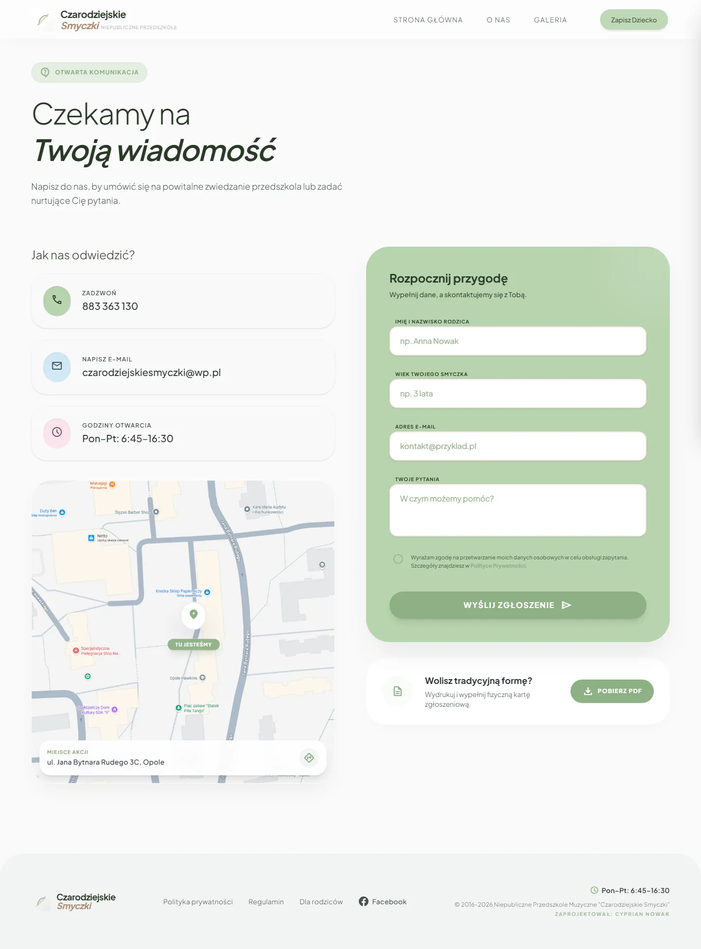 Nowa podstrona Kontakt: telefon, e-mail, godziny i mapa po lewej, formularz i karta PDF po prawej