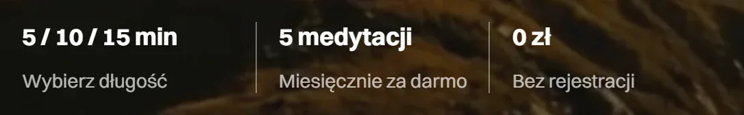 Fakty pod przyciskiem hero przed audytem: 5 / 10 / 15 min, Wybierz długość; 5 medytacji, Miesięcznie za darmo; 0 zł, Bez rejestracji